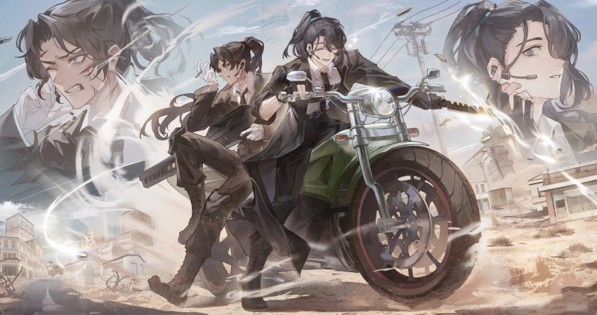 2boys, black_boots, black_coat, black_gloves, black_hair, black_jacket, black_necktie, black_pants