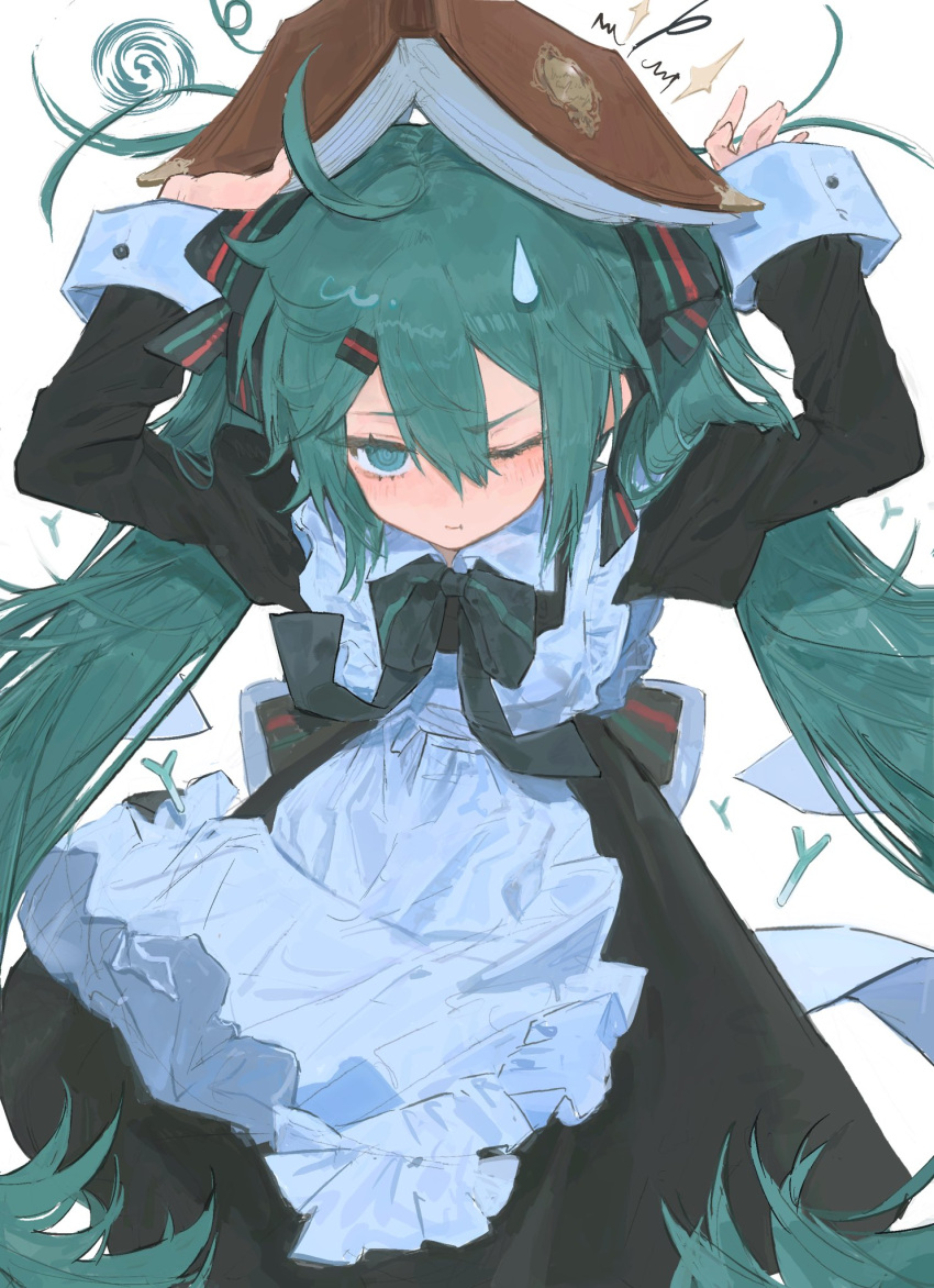 1girl, aqua_eyes, aqua_hair, black_dress, book, book_on_head, cowboy_shot, dress