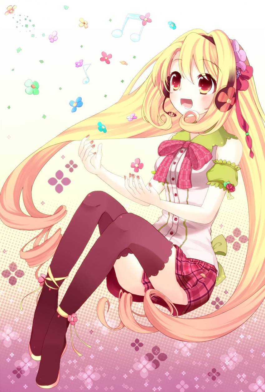 black_legwear, black_thighhighs, blonde_hair, bow, drill_hair, floral_background, flower, hair_flower