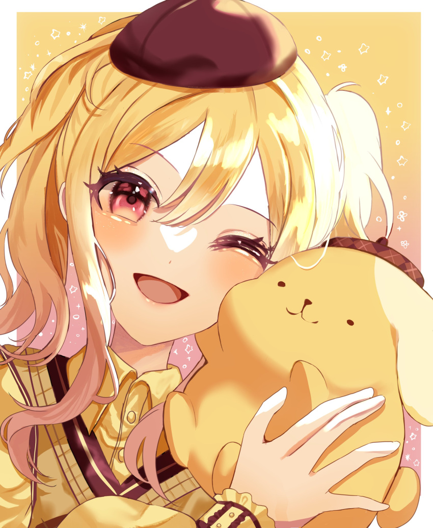 1girl, 7naako5, ;d, absurdres, animal, beret, blonde_hair, blush
