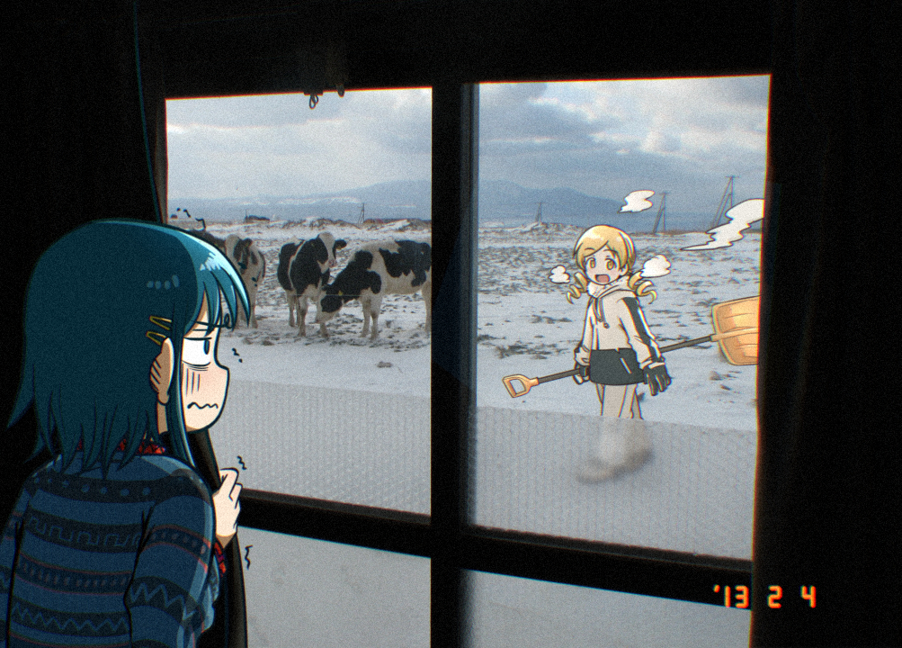 blonde_hair, blue_hair, cow, holding, holding_shovel, looking_through_window, mahou_shoujo_madoka_magica, mahou_shoujo_madoka_magica_(anime)