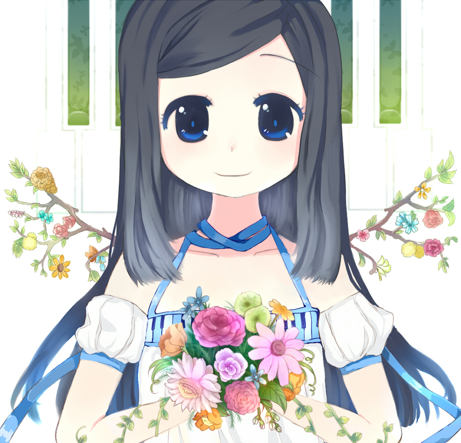 blue_eyes, bouquet, branch, choker, flower, instrument, keyboard_(instrument), nashi_rin