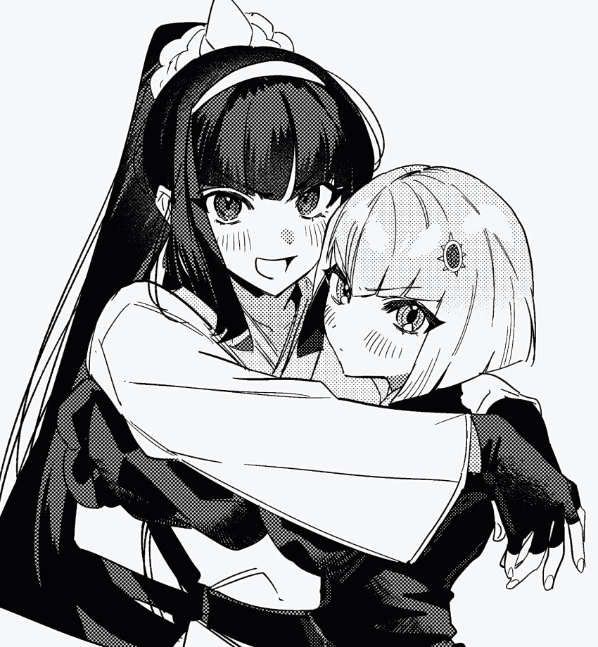 2girls, arms_on_another's_shoulder, blush, fingerless_gloves, gloves, greyscale, hairband, high_ponytail