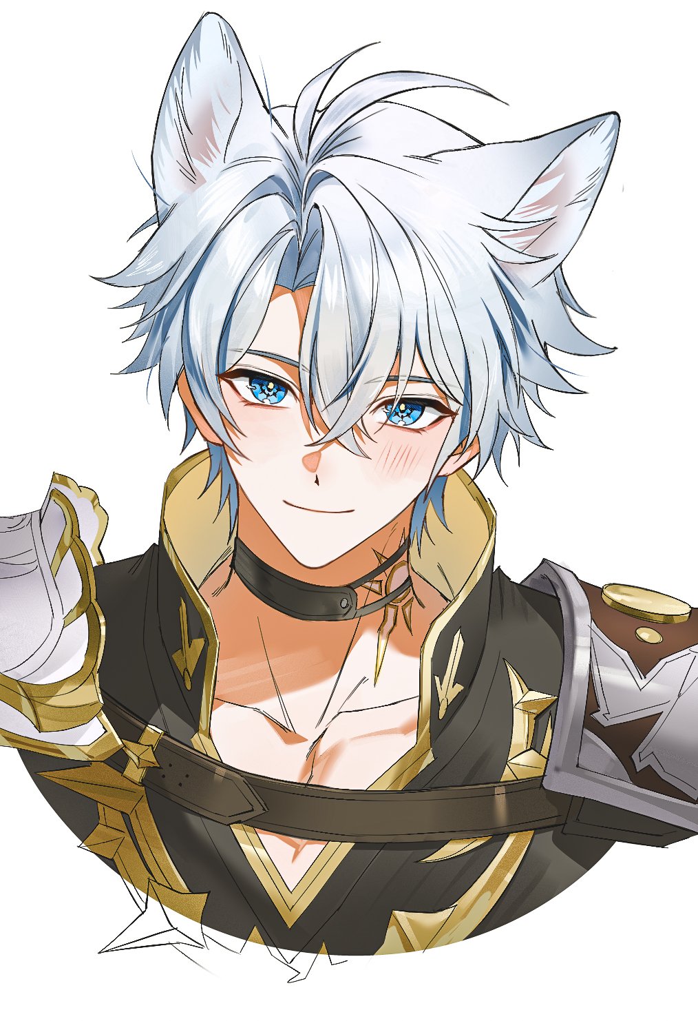 1boy, animal_ears, antenna_hair, armor, black_choker, black_shirt, blue_eyes, blush