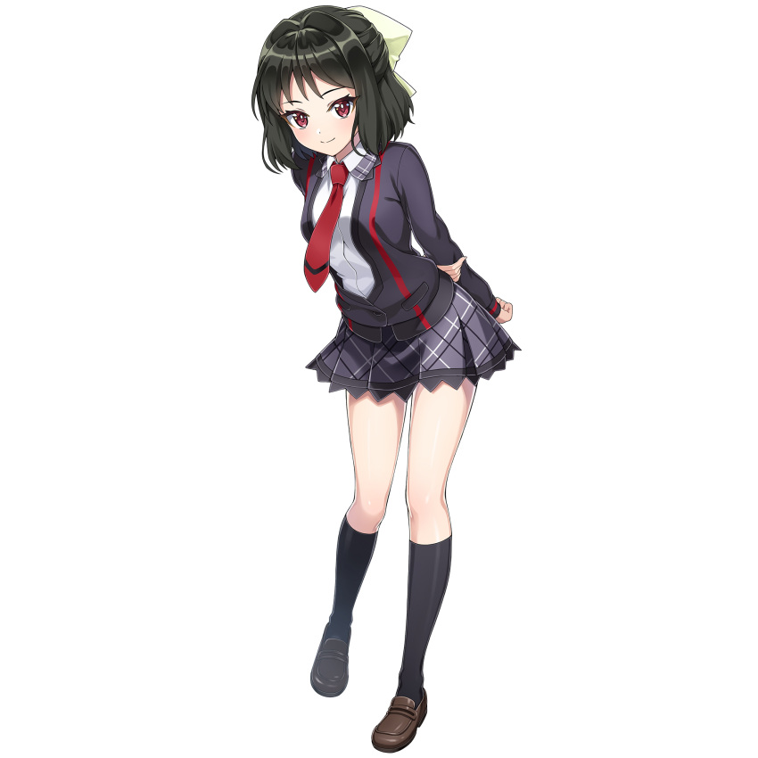 ankle_socks, arms_behind_back, black_hair, black_jacket, black_socks, blush, bow, brown_shoes