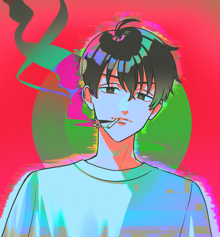 1boy, abstract, ahoge, black_eyes, black_hair, colorful, half-closed_eyes, highres