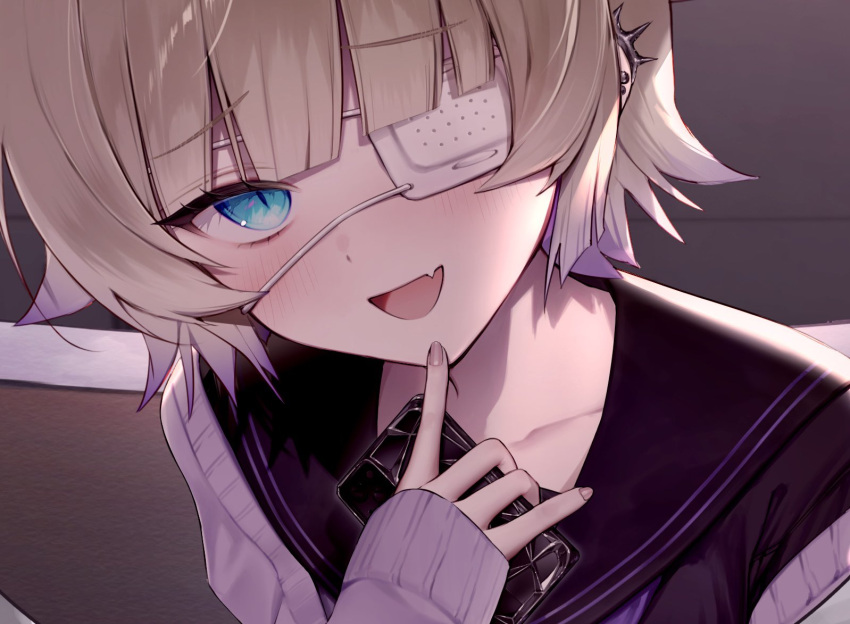 1girl, blonde_hair, blue_eyes, blush, collarbone, commentary, ear_ornament, ear_piercing, eyepatch, fang, finger_to_own_chin, hand_up, holding, holding_phone, indie_utaite, kumo_tabetai, long_sleeves, looking_at_viewer, medical_eyepatch, medium_hair, multicolored_hair, one_eye_covered, open_mouth, phone, piercing, purple_hair, sailor_collar, skin_fang, slit_pupils, solo, tug_(utaite)