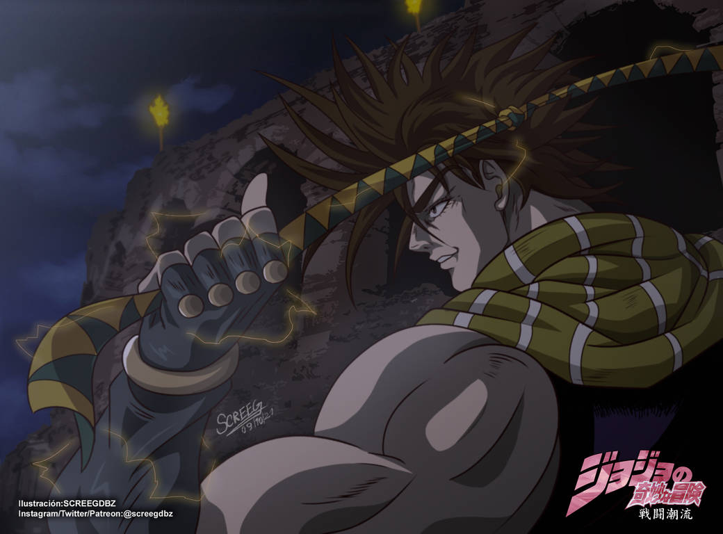 1990s_(style), 1boy, anime_coloring, bare_shoulders, battle_tendency, biceps, blue_eyes, brown_hair