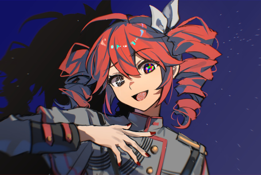 1girl, absurdres, ahoge, alternate_eye_color, belt, black_belt, black_eyes, blue_background