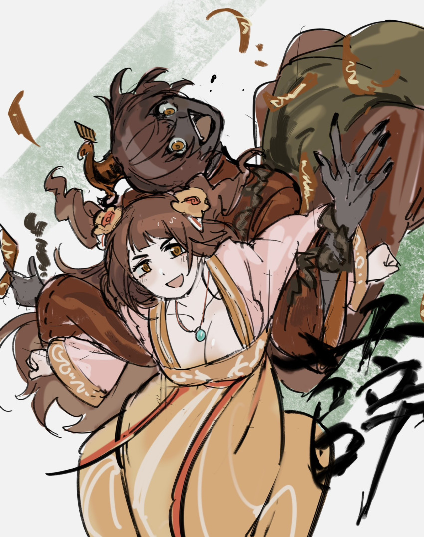 1boy, 1girl, bow, braid, breasts, brother_and_sister, brown_hair, chinese_clothes