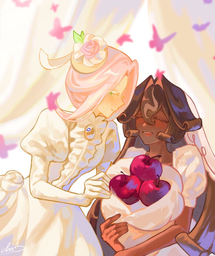 2girls, artist_request, black_forest_cookie, bouquet, bridal_veil, brown_hair, cherry, commentary_request