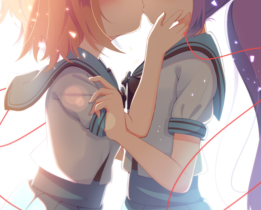 2girls, black_bow, black_bowtie, blue_serafuku, blue_skirt, blush, bow, bowtie