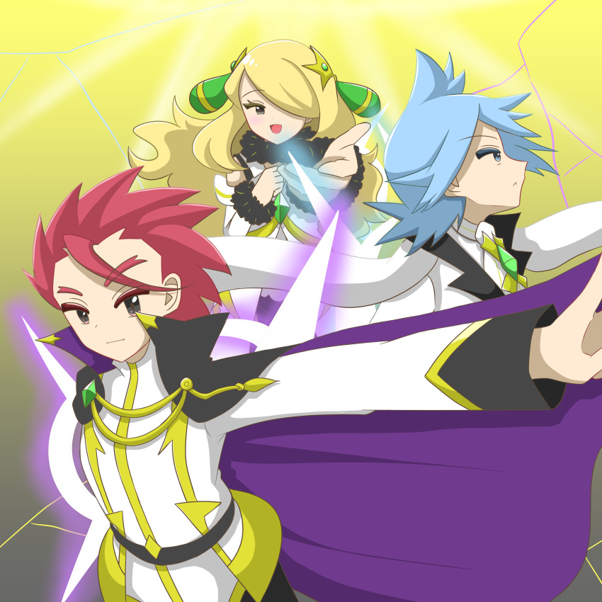 1girl, 2boys, absurdres, blonde_hair, blue_hair, cape, cynthia_(arc_suit)_(pokemon), cynthia_(pokemon), hair_over_one_eye, halo, highres, lance_(arc_suit)_(pokemon), lance_(pokemon), looking_at_viewer, multiple_boys, ntfp3428, official_alternate_costume, pokemon, pokemon_masters_ex, red_hair, spiky_hair, steven_stone, steven_stone_(arc_suit)