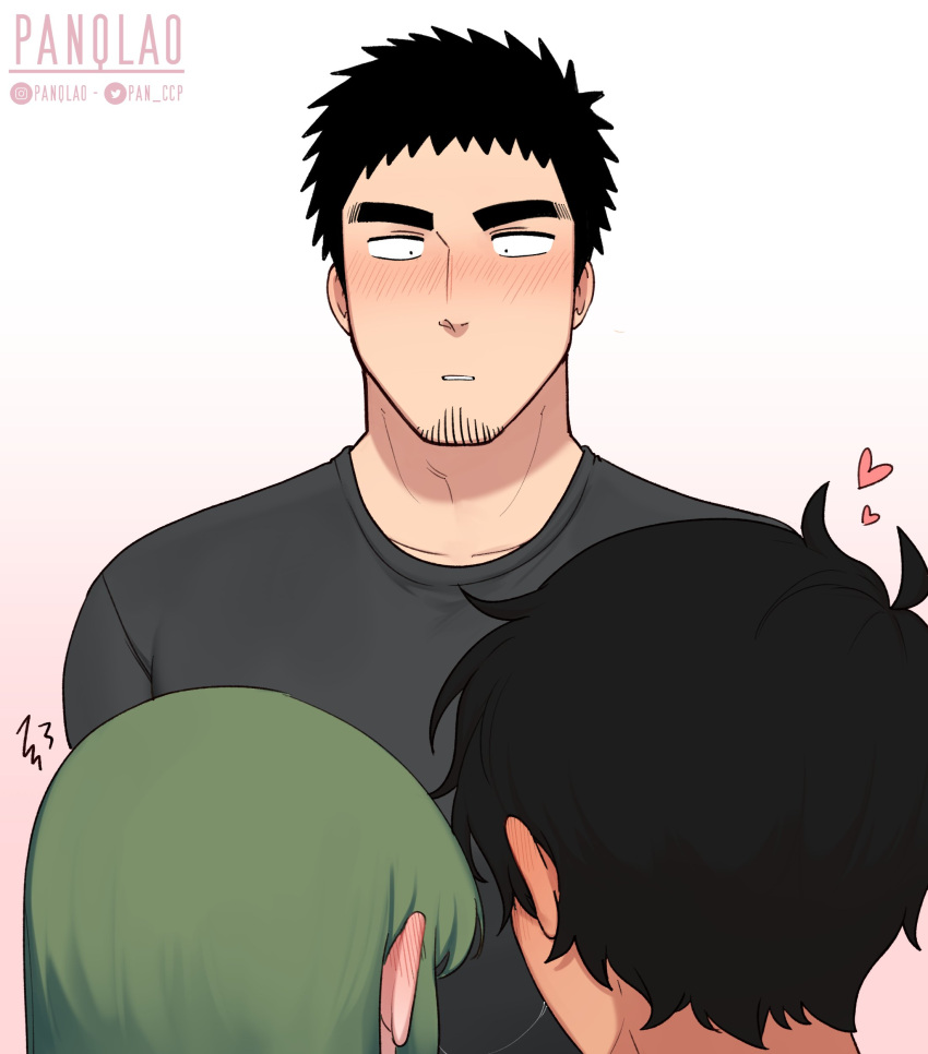 1boy, 2girls, absurdres, black_eyes, black_hair, blush, ear_blush, facial_hair, green_hair, heart, highres, igarashi_futaba, kurobe_natsumi, medium_hair, messy_hair, multiple_girls, muscular, muscular_male, panqlao, senpai_ga_uzai_kouhai_no_hanashi, shirt, short_hair, surprised, takeda_harumi, yuri