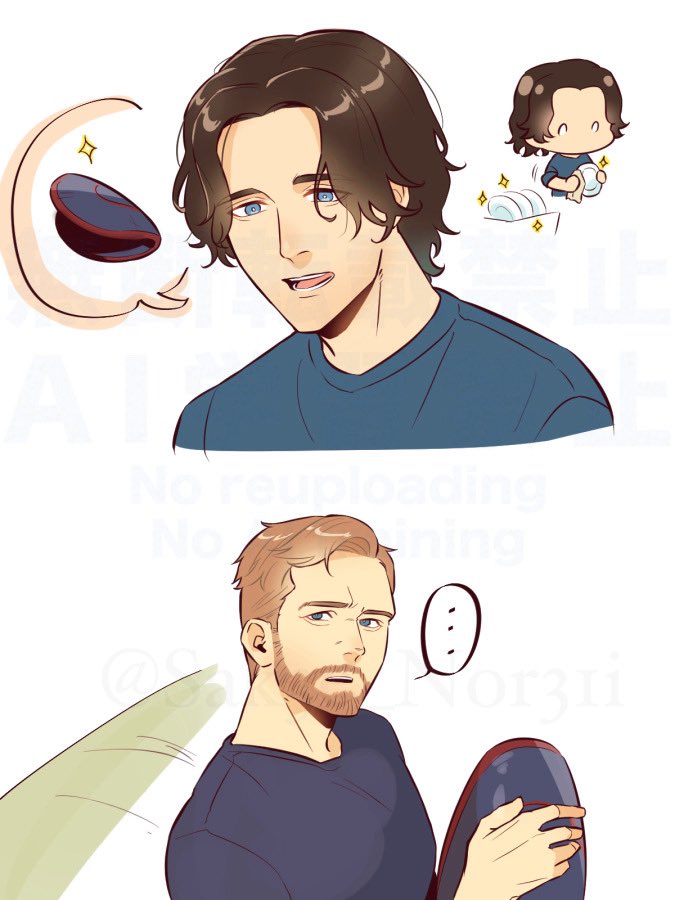 ..., 2boys, animification, artist_name, beard, black_shirt, blonde_hair, blue_eyes