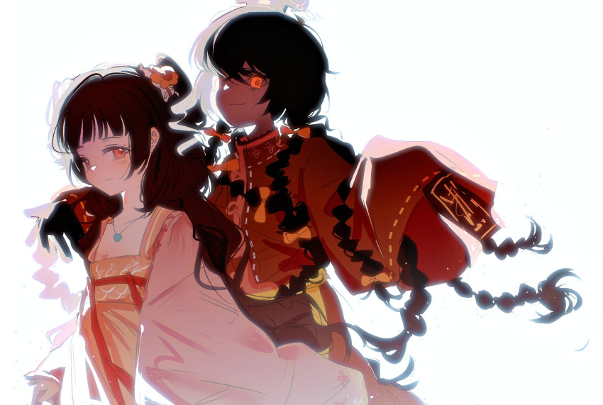 1boy, 1girl, blush, bow, braid, breasts, brother_and_sister, brown_hair