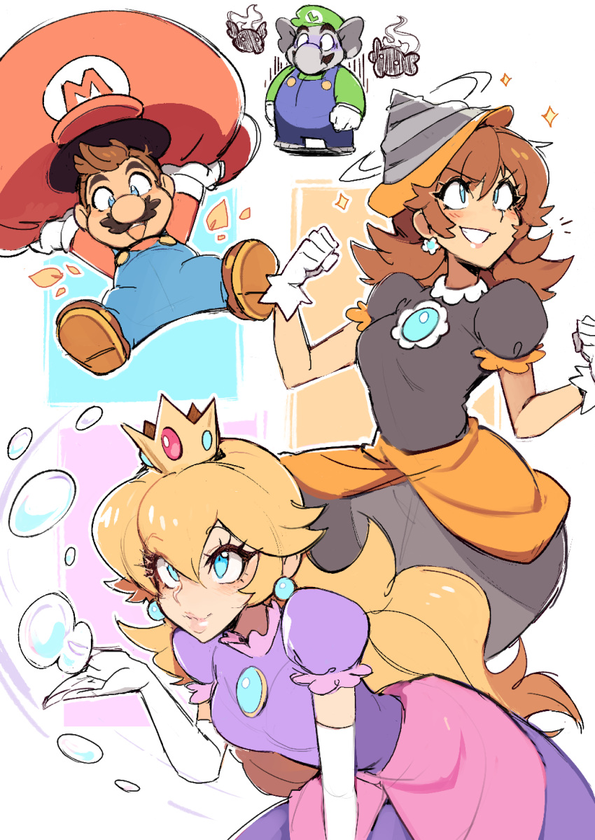 2boys, 2girls, almightychiru, black_dress, blonde_hair, blue_eyes, blue_overalls, brooch