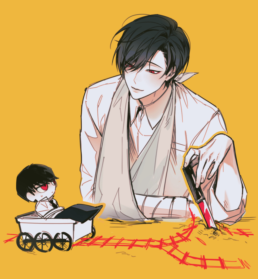 2boys, ariake_(ooe), arm_rest, arm_sling, black_hair, black_necktie, black_pants, bound