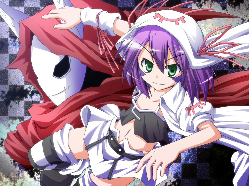 checkered_background, green_eyes, hat, john_doe_(yumekui_merry), mask, merry_nightmare, midriff, navel