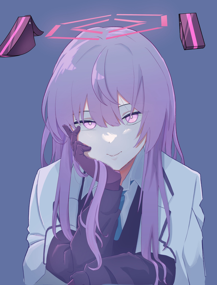 1girl, absurdres, blue_archive, blue_background, blue_necktie, closed_mouth, coat, coat_on_shoulders, collared_shirt, commentary_request, floating_headgear, hair_between_eyes, halo, headgear, highres, karubo, lab_coat, long_hair, long_sleeves, looking_at_viewer, necktie, purple_hair, shirt, solo, sweater, upper_body, utaha_(blue_archive), violet_eyes, white_coat, white_shirt
