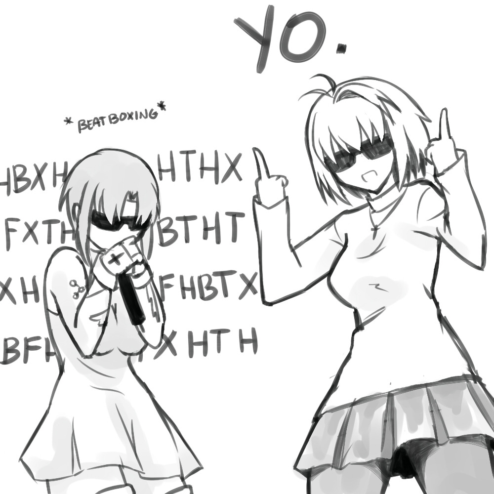 2girls, ahoge, arcueid_brunestud, beatboxing, ciel_(tsukihime), domus-avrea, dress, multiple_girls, pantyhose, powered_ciel, rapping, short_hair, sketch, skirt, sleeveless, sleeveless_dress, sunglasses, sweater, tattoo, tsukihime, tsukihime_(remake), turtleneck, turtleneck_sweater, upper_body