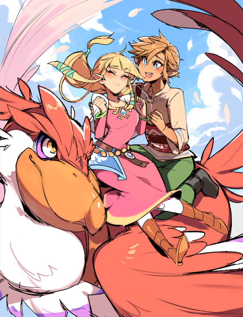 1boy, 1girl, almightychiru, animal, bird, blonde_hair, blunt_bangs, blush