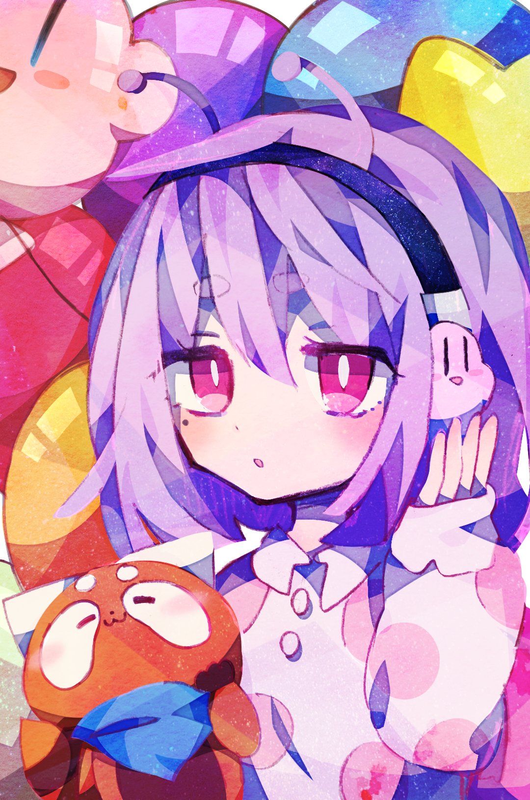 1girl, :o, antennae, balloon, creature, headphones, highres, kirby, kirby_(series), purple_hair, snail's_house, snailchan, solo, soresaki