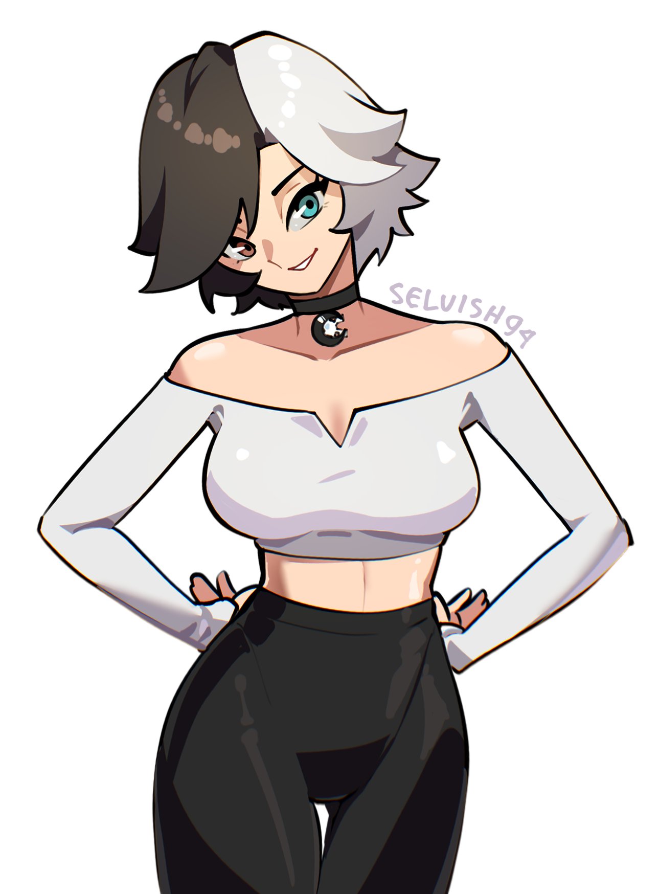 1girl, artist_name, bare_shoulders, black_choker, black_hair, black_leggings, blue_eyes, breasts, brown_eyes, choker, crop_top, hand_on_own_hip, hands_on_own_hips, heterochromia, highres, leggings, looking_at_viewer, luna_snow, marvel, marvel_rivals, medium_breasts, midriff, multicolored_hair, pants, selvish94, short_hair, signature, smile, solo, thigh_gap, two-tone_hair, white_background, white_hair