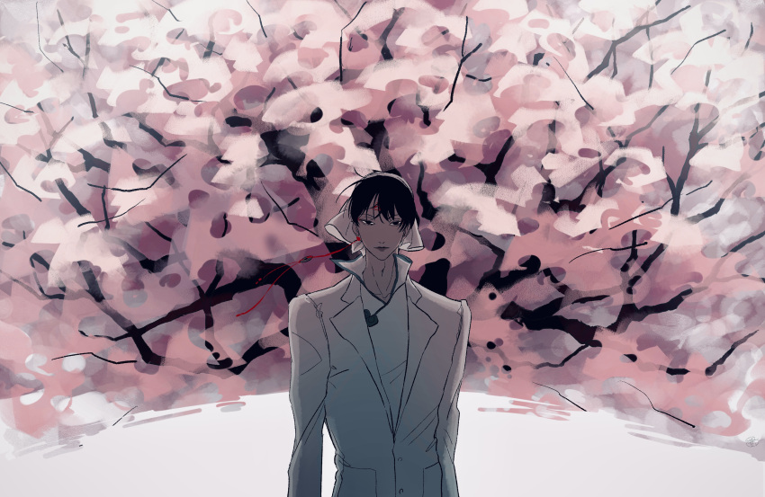 1boy, absurdres, black_hair, cherry_blossoms, chinese_clothes, expressionless, fuyuichigo_4602, hakutaku_(hoozuki_no_reitetsu)