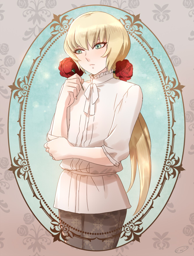 1boy, alternate_costume, androgynous, blonde_hair, casual, eyelashes, eyeliner, flower