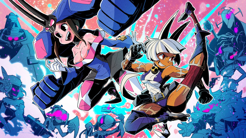 2girls, animal_ears, argyle_clothes, belt_pouch, beowulf_(skullgirls), big_band, black_dahlia, blue_eyes