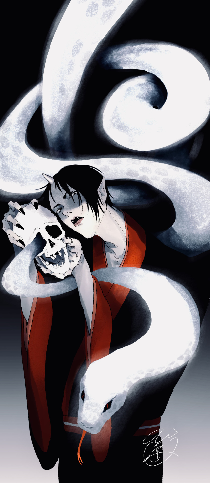 1boy, absurdres, black_hair, demon_boy, fuyuichigo_4602, highres, hoozuki_(hoozuki_no_reitetsu), hoozuki_no_reitetsu