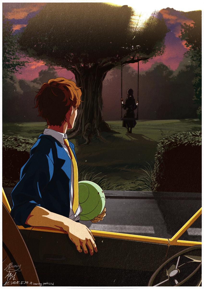 1boy, 1girl, absurdres, amuro_ray, black_dress, black_hair, blue_jacket, border
