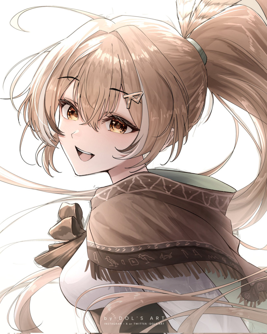 1girl, ahoge, backlighting, brown_capelet, brown_cloak, brown_corset, brown_hair, capelet, cloak, corset, dols_art, feather_hair_ornament, feathers, from_side, hair_lift, hair_ornament, hairclip, highres, hololive, hololive_english, long_hair, multicolored_hair, nanashi_mumei, nanashi_mumei_(1st_costume), ponytail, ribbon, shirt, streaked_hair, turning_head, very_long_hair, virtual_youtuber, white_background, white_shirt