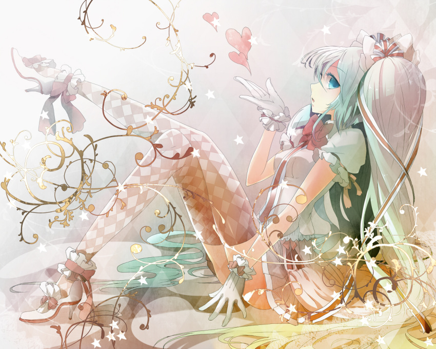 checkered, checkered_legwear, decorations, gloves, hatsune_miku, heart, highres, leg_lift, long_hair, plastick, profile, sitting, star, thighhighs, twintails, vocaloid, white_gloves