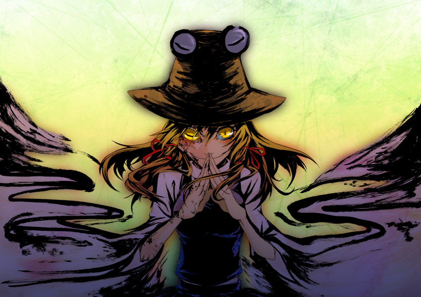 hands_together, hat, highres, moriya_suwako, slit_pupils, solo, suzu_shin, touhou