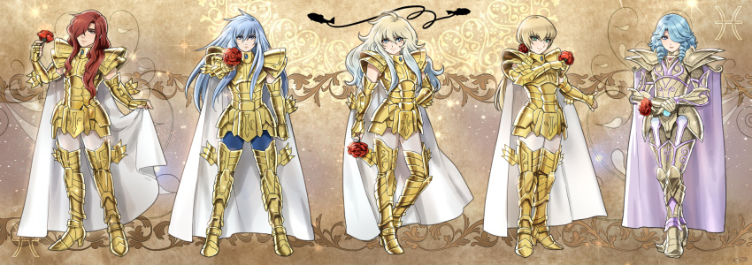 5boys, androgynous, armor, bishounen, blonde_hair, blue_eyes, blue_hair, cape