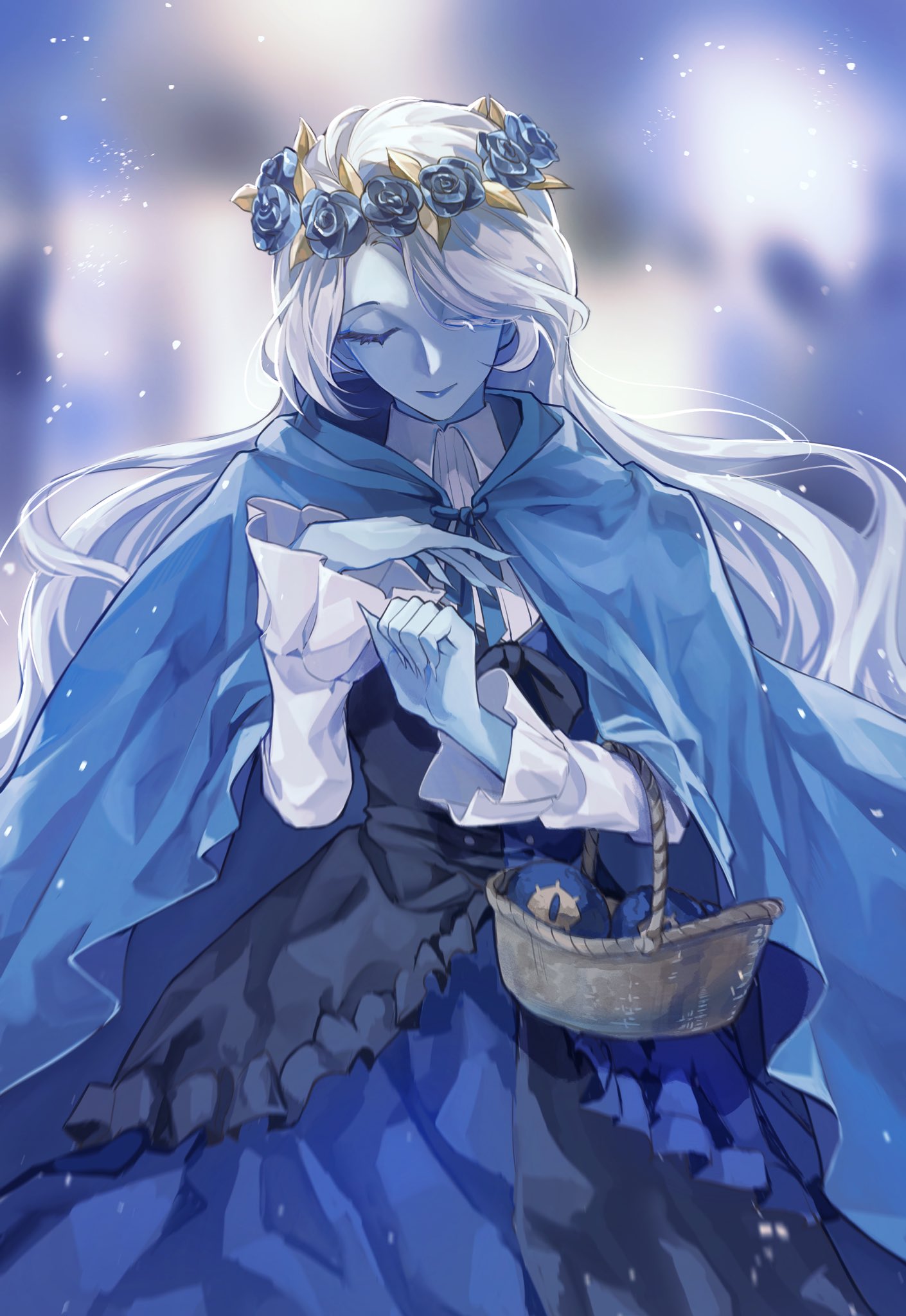1boy, aqua_eyes, basket, blue_eyes, blue_flower, blue_ribbon, braid, chibi, cloak, cookie_run, cookie_run:_kingdom, crossdressing, english_commentary, flower, flower_basket, hair_ribbon, heterochromia, highres, holding, holding_basket, hood, hooded_cloak, hyuni7777, letterboxed, long_hair, male_focus, otoko_no_ko, ribbon, shadow_milk_cookie, smile, solo, very_long_hair, white_hair