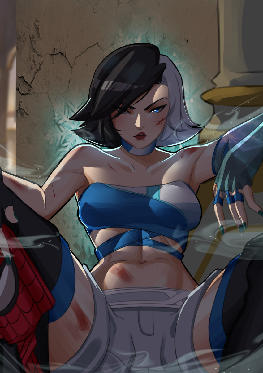 1girl, absurdres, black_hair, black_jacket, blood, blue_eyes, breasts, choker, crop_top, gloves, hayashidraws, heterochromia, highres, jacket, luna_snow, marvel, marvel_rivals, midriff, multicolored_hair, navel, short_hair, shorts, spider-man, spider-man_(series), split-color_hair, two-tone_hair, white_hair