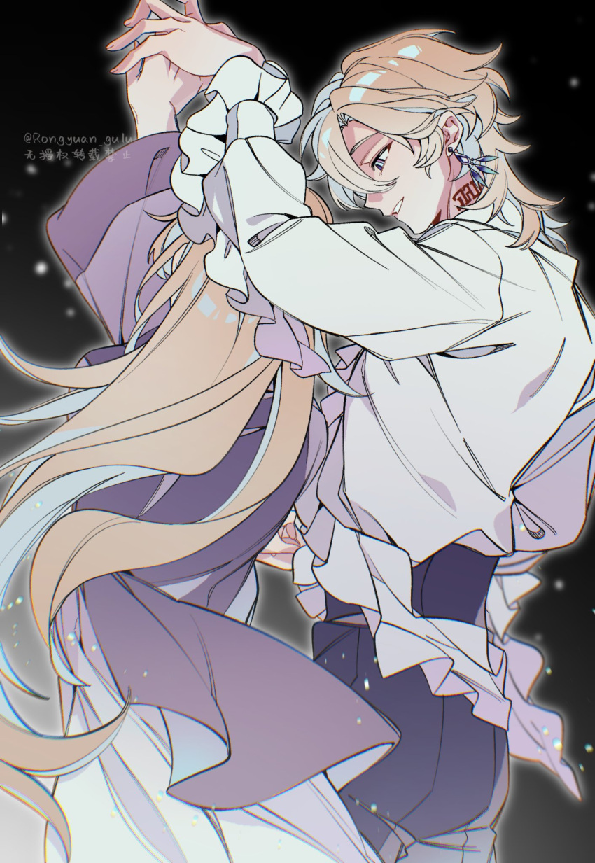 1boy, 1girl, arm_up, artist_name, aventurine_(honkai:_star_rail), black_pants, blonde_hair, blue_eyes
