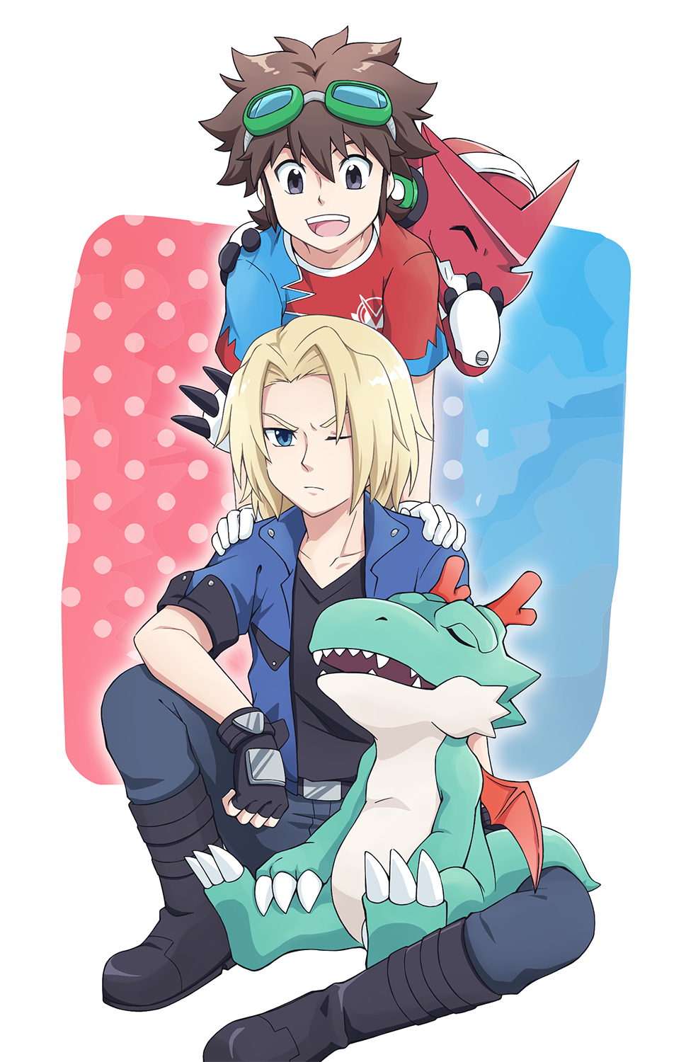 2boys, aonuma_kiriha, ask0406, black_boots, black_gloves, black_shirt, blonde_hair, blue_eyes, blue_jacket, blue_shirt, boots, brown_hair, claws, closed_eyes, digimon, digimon_(creature), digimon_xros_wars, dracomon, fingerless_gloves, gloves, hands_on_another's_shoulders, highres, horns, jacket, kudou_taiki, mini_wings, multiple_boys, one_eye_closed, open_clothes, open_jacket, open_mouth, red_shirt, red_wings, shirt, short_hair, shoutmon, sitting, teeth, two-tone_shirt, upper_teeth_only, white_gloves, wings