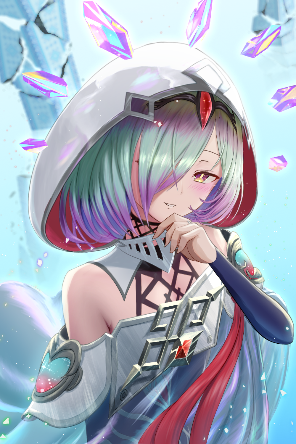 1girl, bare_shoulders, blush, commentary_request, fire_emblem, fire_emblem_heroes, green_hair, hair_over_one_eye, highres, hood, hood_up, kvasir_(fire_emblem), looking_at_viewer, matoimangekyo, multicolored_hair, purple_hair, short_hair, smile, solo, two-tone_hair, upper_body, violet_eyes
