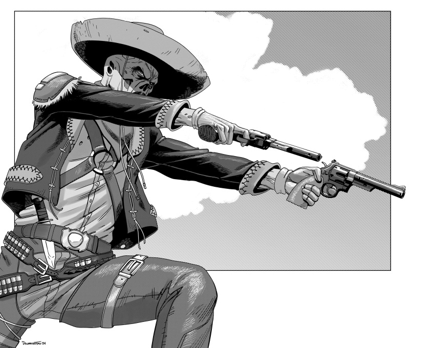 1boy, absurdres, bandolier, belt, decomposedtaco, dual_wielding, fallout, fallout:_new_vegas