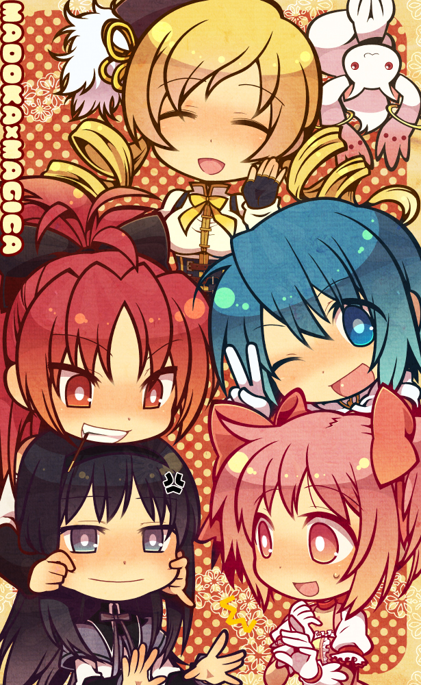 akemi_homura, anger_vein, cheek_pinch, cheek_pinching, chibi, closed_eyes, drill_hair, eyes_closed