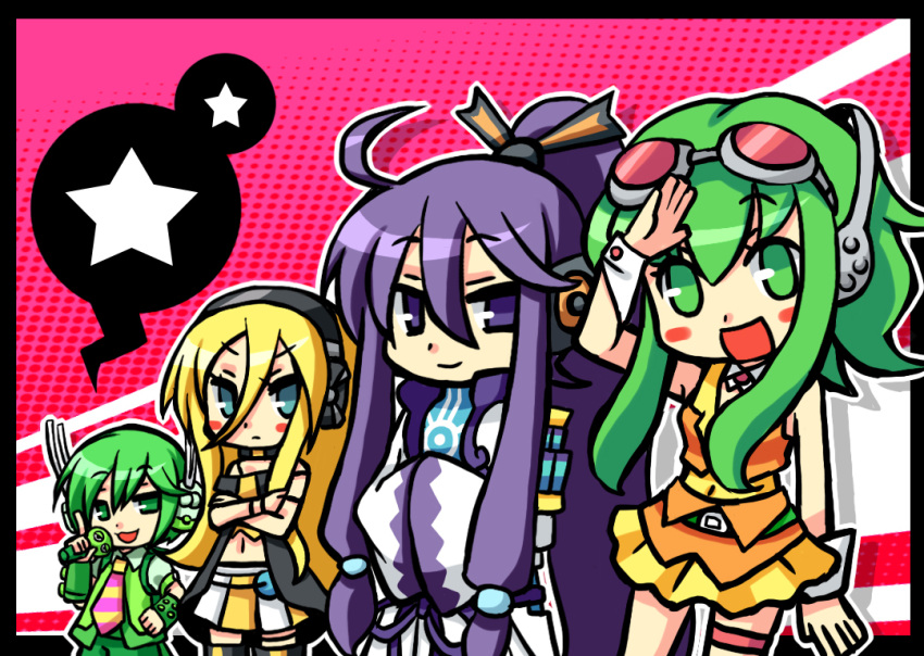 2boys, 2girls, ahoge, belt, blonde_hair, crossed_arms, goggles, green_eyes