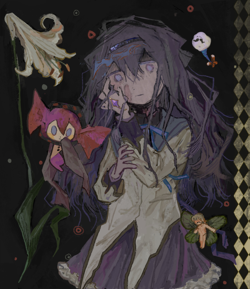 1girl, akemi_homura, akemi_homura_(magical_girl), bananpam, black_background, black_hair, charlotte_(madoka_magica), familiar_(madoka_magica), flower, highres, magical_girl, mahou_shoujo_madoka_magica, solo, violet_eyes, white_flower, witch