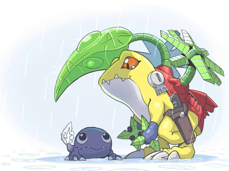 brown_eyes, digimon, digimon_(creature), frog, frogmon, hawe_king, holding, holding_shuriken, holding_weapon, leaf, looking_at_another, no_humans, otamamon, rain, shuriken, tadpole, weapon