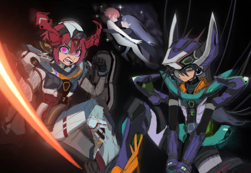 2girls, angry, armor, black_hair, blue_hair, brown_eyes, cosplay, feet_out_of_frame