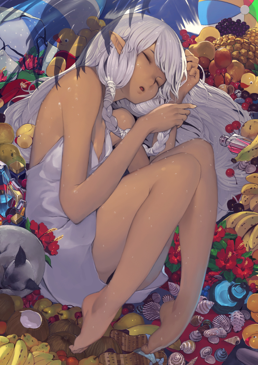bare_shoulders, barefoot, bird, braid, cat, cherry, closed_eyes, curled_up