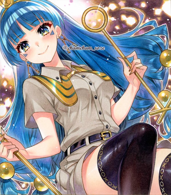 1girl, artist_name, belt, black_belt, black_thighhighs, blue_eyes, blue_hair, blush